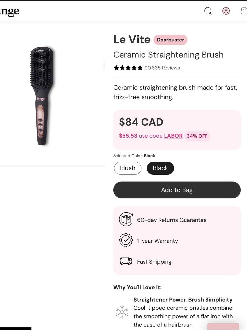 L’ange La Vite Ceramic Straightening Brush and pouch Black
